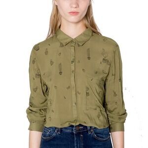 Pull&Bear Womens‎ Olive Green Cactus Print Button Down Shirt Long Sleeve Sz M